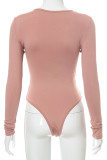 Pink Sexy Solid Hollowed Out Patchwork V Neck Skinny Bodysuits