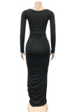 Brownness Fashion Sexy Solid Slit Fold Square Collar Long Sleeve Dresses