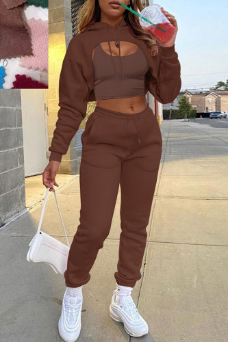 Brown Casual Hooded Collar Long Sleeve Tank Tops Cover Up Hooded Collar Long Sleeve Crop Sweatshirt And Draw String Pocket Pants Three Pieces Sweatsuit Sets