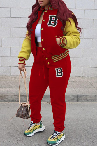 Red Fashion Casual Patchwork Letter Cardigan Long Sleeve Two Pieces