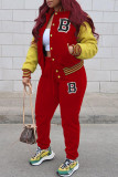 Cardigan con lettera patchwork casual moda rosso manica lunga due pezzi