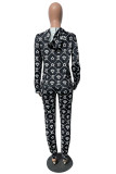 ブラックファッションカジュアルプリントベーシックVネック長袖ツーピース