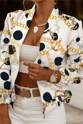 White Black Fashion Casual Print Cardigan Zipper Collar Outerwear