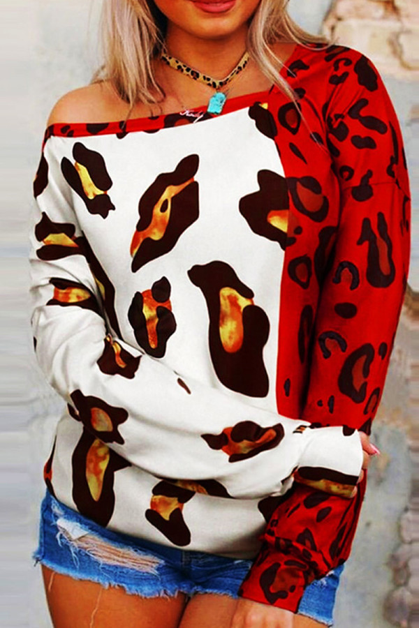 Tops patchwork léopard à imprimé décontracté rouge