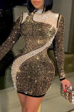 Серебряная мода сексуальное лоскутное горячее сверление бисером половина водолазки с длинным рукавом платья