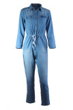 ブルー ファッション カジュアル ソリッド ベーシック ターンダウン カラー レギュラー ジャンプスーツ