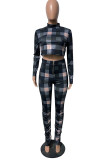 Black Casual Plaid Print Patchwork Half A Turtleneck Long Sleeve Two Pieces