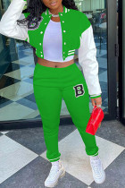Зеленый Повседневная спортивная одежда С принтом Пэчворк Пряжка Воротник-стойка Длинный рукав Из двух частей
