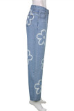 Blauwe mode casual print basic hoge taille rechte denim jeans