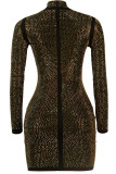 Gold Fashion Sexy Patchwork Hot Drilling Beading Half A Turtleneck Robes à manches longues