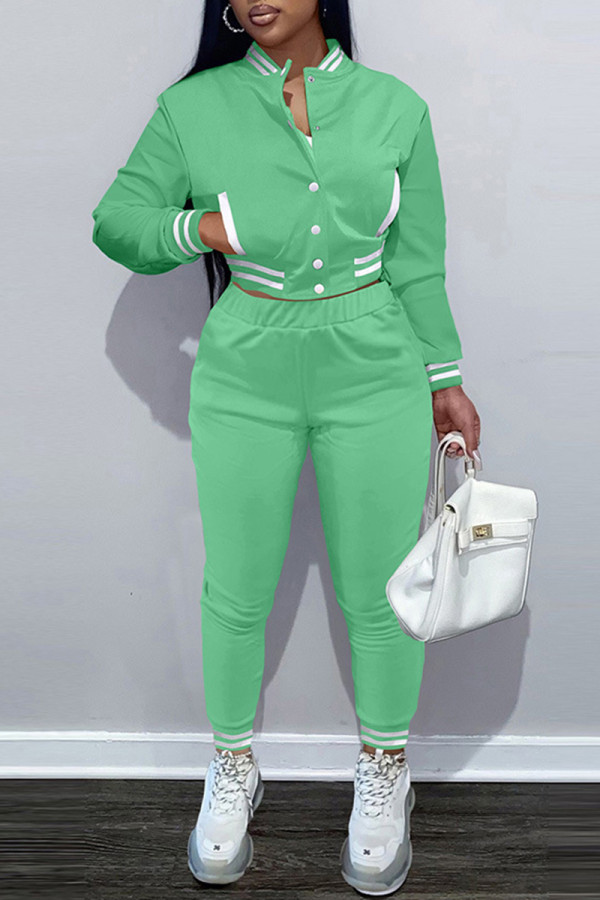 Зеленые модные повседневные однотонные лоскутные двойки с длинным рукавом