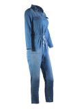 ブルー ファッション カジュアル ソリッド ベーシック ターンダウン カラー レギュラー ジャンプスーツ