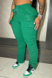 Зеленые повседневные однотонные лоскутные брюки с карманами в стиле пэчворк, стандартные брюки-карандаш в стиле пэчворк с высокой талией