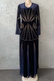 Vestidos de talla grande de manga larga con cuello en V de taladro caliente de patchwork de moda azul marino