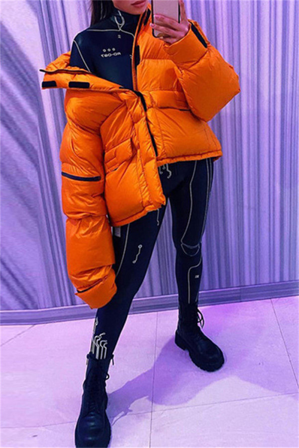 Orange Mode Casual Solid Patchwork Ytterkläder med blixtlåskrage