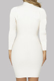 Белые сексуальные повседневные сладкие однотонные выдолбленные платья с длинным рукавом с круглым вырезом