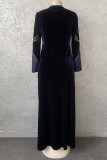 Темно-синие модные лоскутные платья больших размеров с V-образным вырезом и длинным рукавом