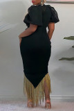 ブラックファッションセクシーパッチワークホットドリルタッセルシースルーOネックイブニングドレス