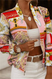 Khaki Fashion Casual Print Cardigan Zipper Collar Outerwear