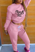 ピンクファッションカジュアルレタープリントベーシックOネック長袖ツーピース