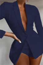 ダークブルーファッションカジュアルソリッドベーシックターンダウンカラー長袖ツーピース
