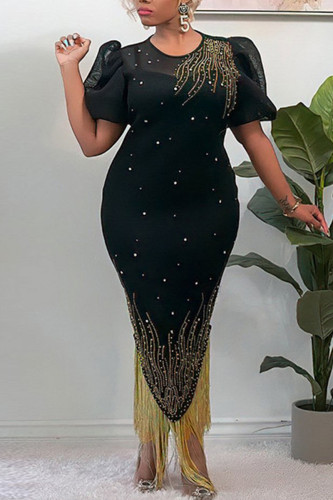 Black Fashion Sexy Patchwork Hot Drilling Tassel See-through O Neck Evening Dress