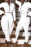 ホワイト ファッション カジュアル パッチワーク ジッパー ターンダウン カラー ロング スリーブ XNUMX ピース