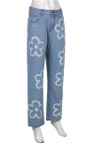 Blue Fashion Casual Print Basic High Waist Straight Denim Jeans