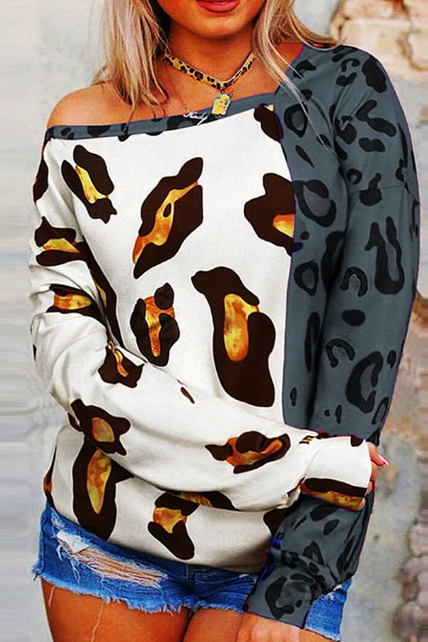 Tops de patchwork de leopardo con estampado casual de moda gris
