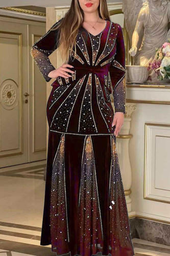 Burgundy Fashion Patchwork Hot Drill V Neck Long Sleeve Plus Size Dresses