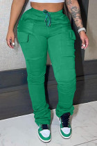 Pantalones casuales de patchwork liso con bolsillo regular de cintura alta verde