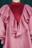 Розовые милые однотонные лоскутные платья с воланами и половиной водолазки трапециевидной формы
