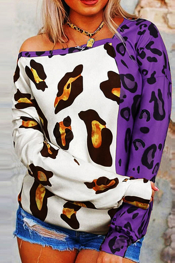Фиолетовые модные повседневные топы с леопардовым принтом в стиле пэчворк