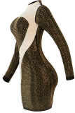 Серебряная мода сексуальное лоскутное горячее сверление бисером половина водолазки с длинным рукавом платья