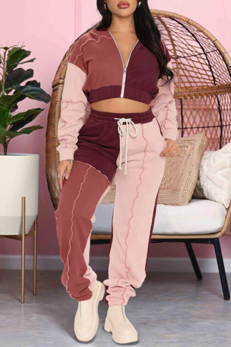 Pink Casual Sportswear Zipper Hooded Collar Long Sleeve Crop Jackets And Sweatpants Two Pieces Jogger Sets