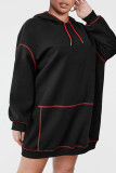 ブラック カジュアル ソリッド パッチワーク フード付きカラー 長袖 プラス サイズ ドレス