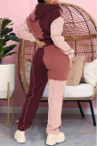 Ropa deportiva casual rosa Patchwork sólido Cremallera Cuello con capucha Manga larga Dos piezas