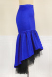 ブルーファッションカジュアルソリッドパッチワークレギュラーハイウエストスカート