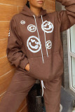 Dark Brown Fashion Casual Print Basic Hooded Collar Long Sleeve Two Pieces