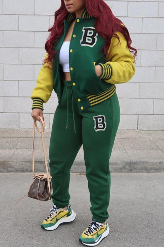 Green Fashion Casual Patchwork Letter Cardigan Long Sleeve Two Pieces