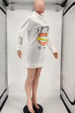 White Casual Print Patchwork Hooded Collar Long Sleeve Dresses