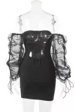Schwarzes, sexy, festes Patchwork-Faltenkleid aus der Schulter mit einem Schrittrock