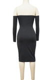 Black Sexy Solid Hollowed Out Patchwork Frenulum Metal Accessories Decoration Fold Strapless One Step Skirt Dresses