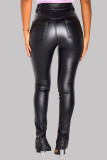 Black Fashion Casual Solid Slit Regular High Waist Trousers
