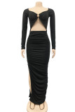 Black Fashion Sexy Solid Slit Fold Square Collar Long Sleeve Dresses