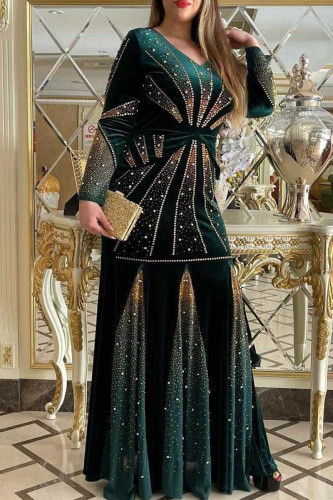 Vestidos de talla grande de manga larga con cuello en V de taladro caliente de patchwork de moda verde oscuro