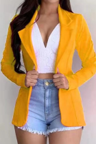 Yellow Casual Solid Split Joint Turndown Collar Outerwear