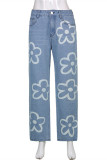 Blaue, modische, lässige, bedruckte, gerade Denim-Jeans mit hoher Taille