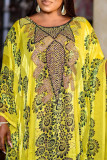 Robes de grande taille à manches longues et à manches longues jaunes à imprimé décontracté à la mode