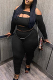 Black Sexy Solid Hollowed Out Patchwork Off the Shoulder Plus Size Two Pieces
